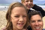A selfie of Nina Roberts with her daughter Frieda and son Sam at the beach.