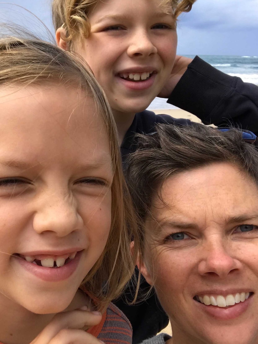 A selfie of Nina Roberts with her daughter Frieda and son Sam at the beach.