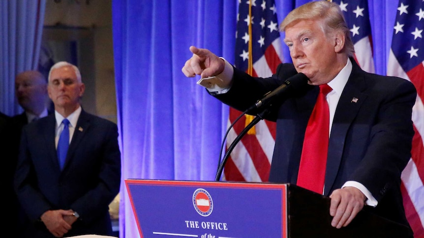 US President-elect Donald Trump speaks during his news conference at Trump Tower