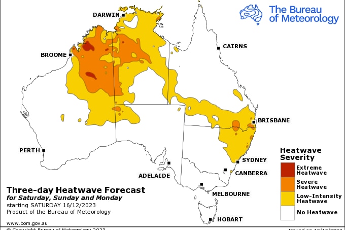A map of Australia featuring coloured sections depicting heatwave predictions.