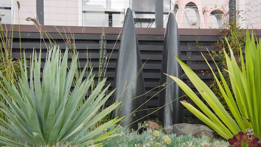 Garden bed filled with architectural plants and black pointed statues.