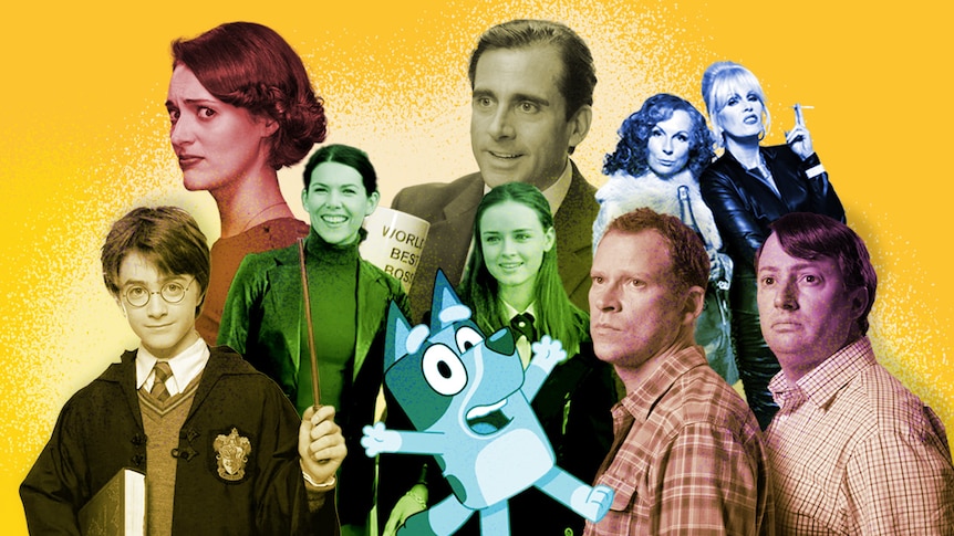 A collage of TV characters including Fleabag, Bluey, Harry Potter, Gilmore Girls, Ab Fab, The Office and Peep Show.