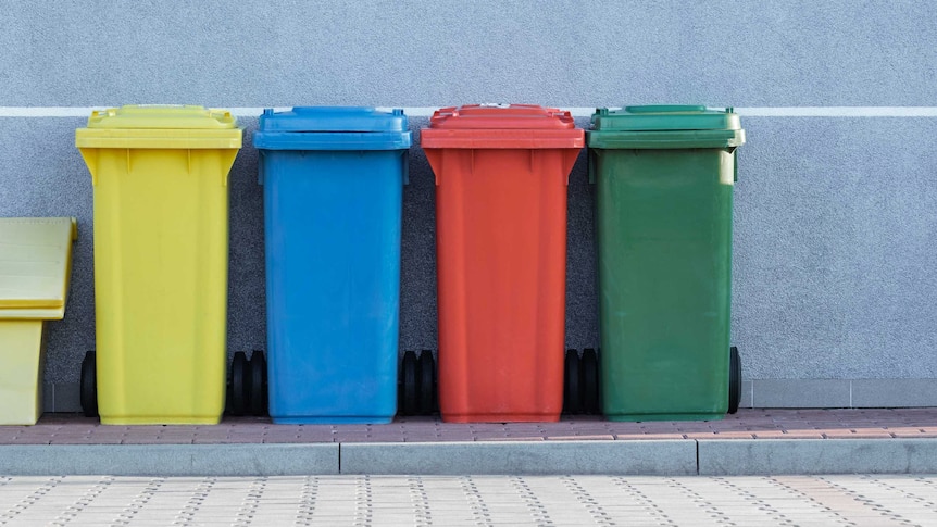 Four bins in a row of different colours - yellow, blue, red and green