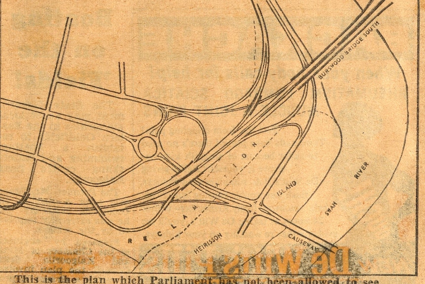 A yellow, stained plan showing the curving river bank, roads and a freeway. 