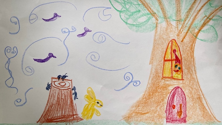 Gracie Perrow drew a large tree with a gnome living in it and looking out a window in the tree.