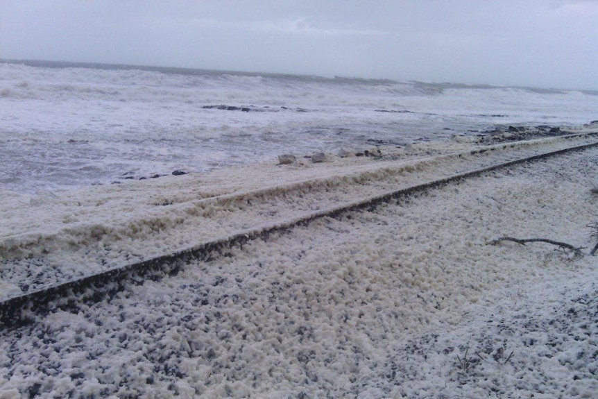 Foam over railway tracks near Burnie in Tasmania's north-west.