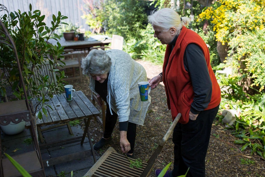 Kristin brushes leaves off a garden chair as Hilary holds a cup of coffee.