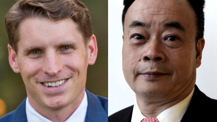 A composite image shows Andrew Hastie, in a blue suit and pink tie, and Chau Chak Wing, in a black suit and red tie.