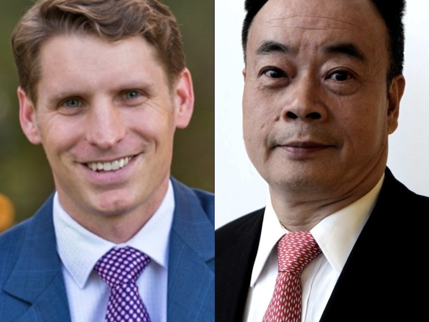 A composite image shows Andrew Hastie, in a blue suit and pink tie, and Chau Chak Wing, in a black suit and red tie.