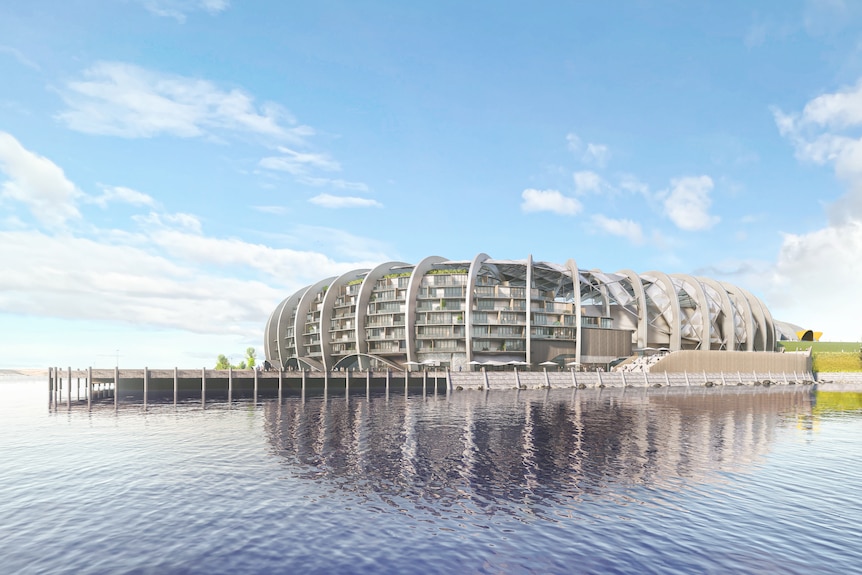 A artist's impression of a rounded silver building jutting into a river. 