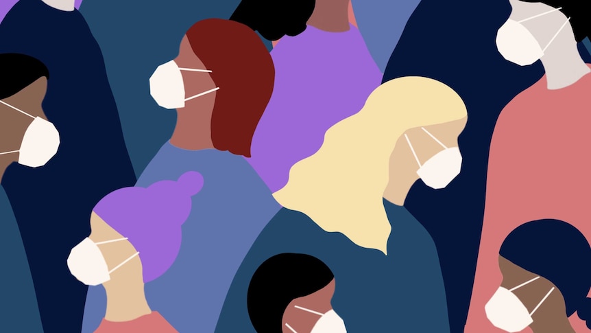Illustration of group of women in different colour t-shirts wearing face masks.