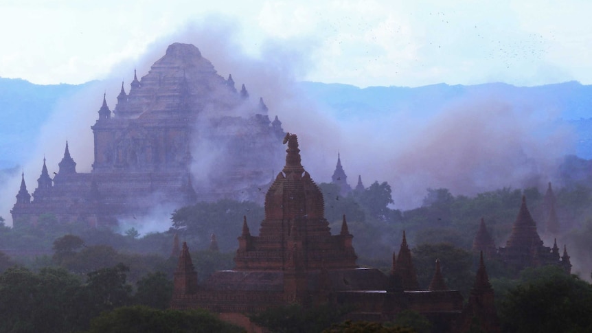The ancient Sulamuni temple is seen shrouded in dust.