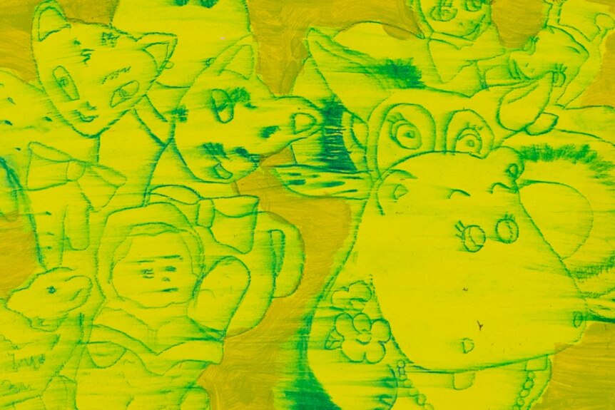 Une illustration jaune et verte représentant des personnages ressemblant à des animaux.