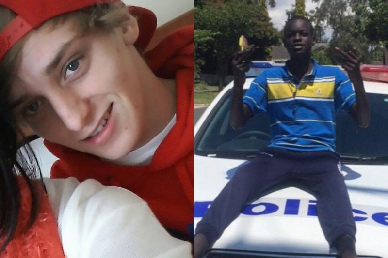 A split image with a young man smiling on the left and a young man giving the finger while sitting on a cop car on the right