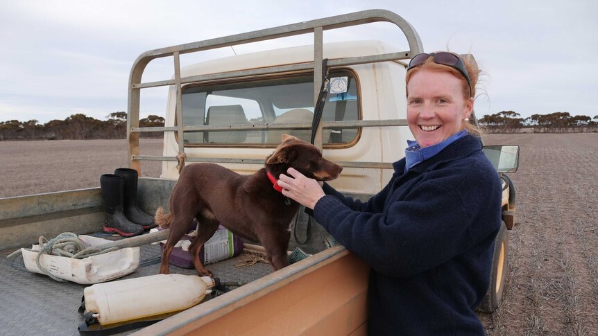 A woman pats a dog in the tray of her ute.