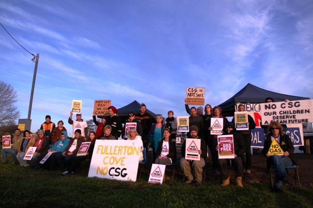 Protestors gather at Fullerton Cove to stop drilling going ahead on two CSG pilot wells.