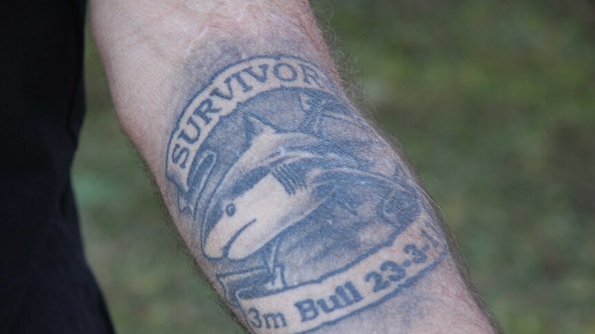 A closeup photo of a greyscale tattoo on the inside of a forearm. The tattoo depicts a shark underneath text saying "survivor".
