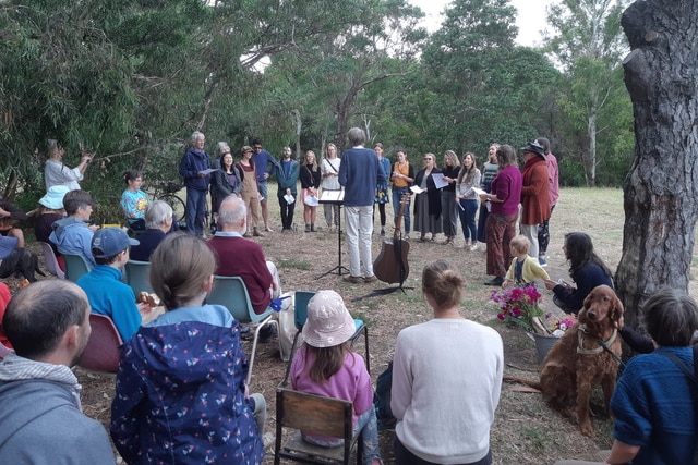 A group of adults stand in a semi circle under some trees, while people sit and watch. There are kids and dogs.  