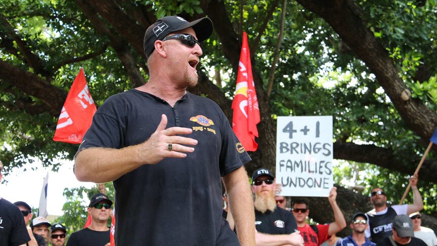 The ETU's Peter Ong speaks to the crowd at the INPEX workers protest rally in Darwin.