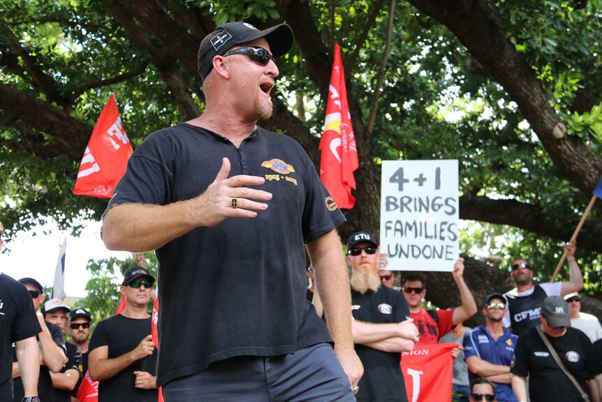 The ETU's Peter Ong speaks to the crowd at the INPEX workers protest rally in Darwin.