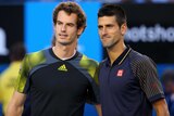 Ready for battle ... Andy Murray (L) and Novak Djokovic pose before last year's final