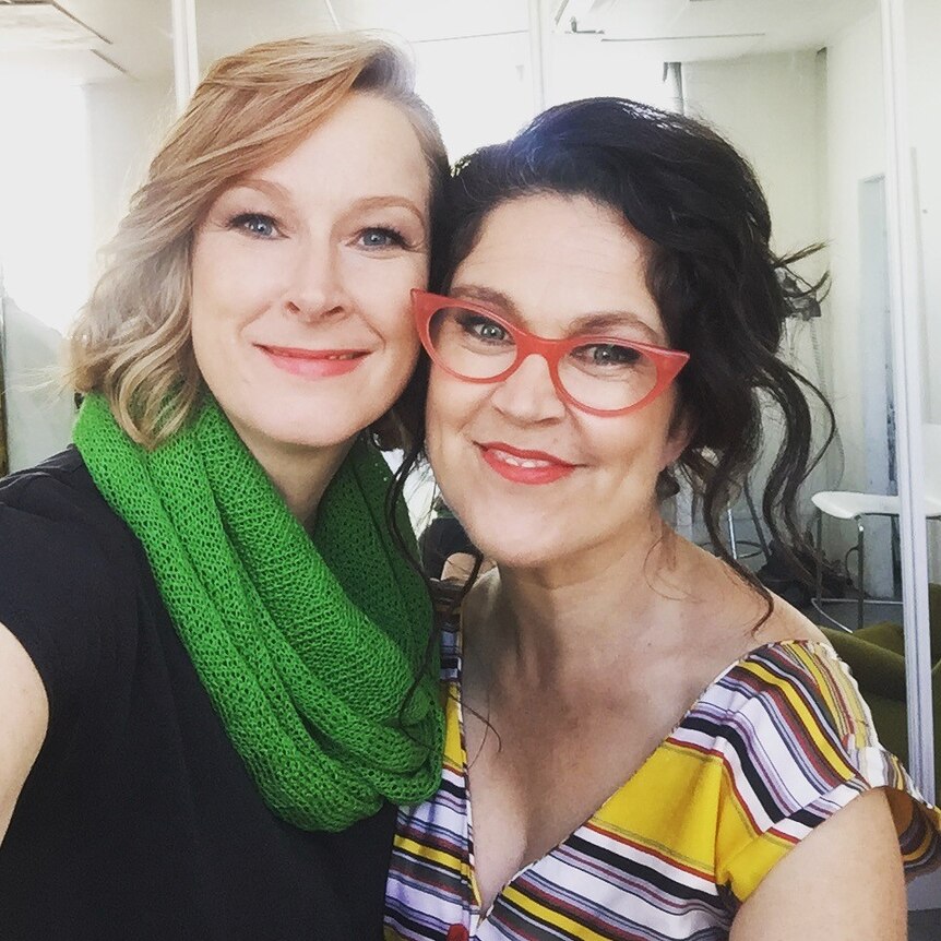 Leigh Sales and Annabel Crabb stand together, smiling for a selfie in 2020.