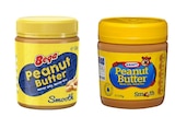 Jars of Bega and Kraft peanut butter are shown side by side, both with yellow lids and labels.