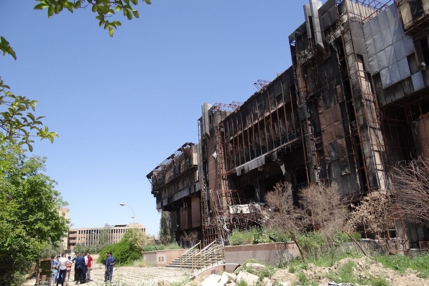 The outside of Mosul's library torched by IS.