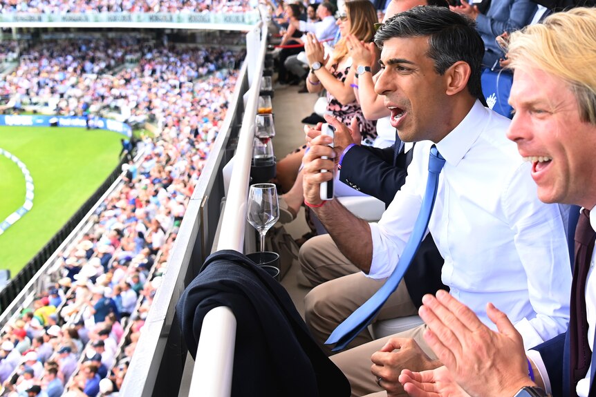 British PM Rishi Sunak cheers while at an Ashes Test at Lord's.