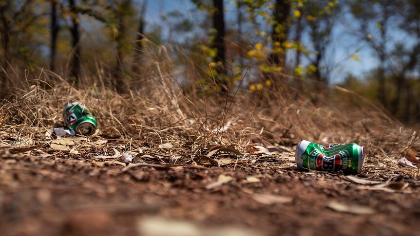 Empty beer cans are littered on the ground.