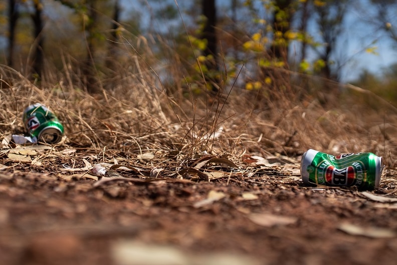 Empty beer cans are littered on the ground