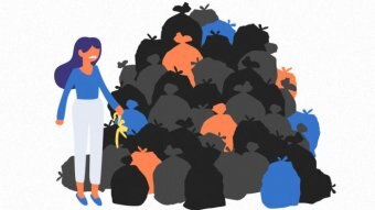 A cartoon drawing of a woman standing next to a large pile of blue, grey, black and orange rubbish bags.