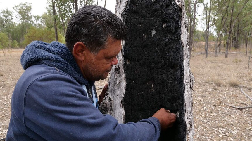 Indigenous man stands in front of a burnt out stump in the bush