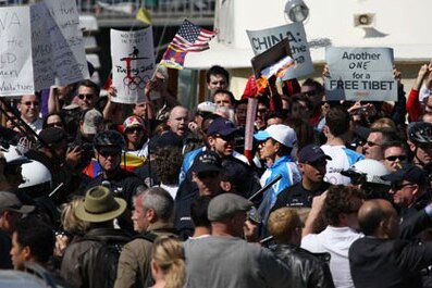 Protesters in San Francisco, blocking the intended route of the Olympic Torch Relay (Getty Images)