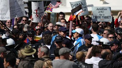 Protesters in San Francisco, blocking the intended route of the Olympic Torch Relay (Getty Images)