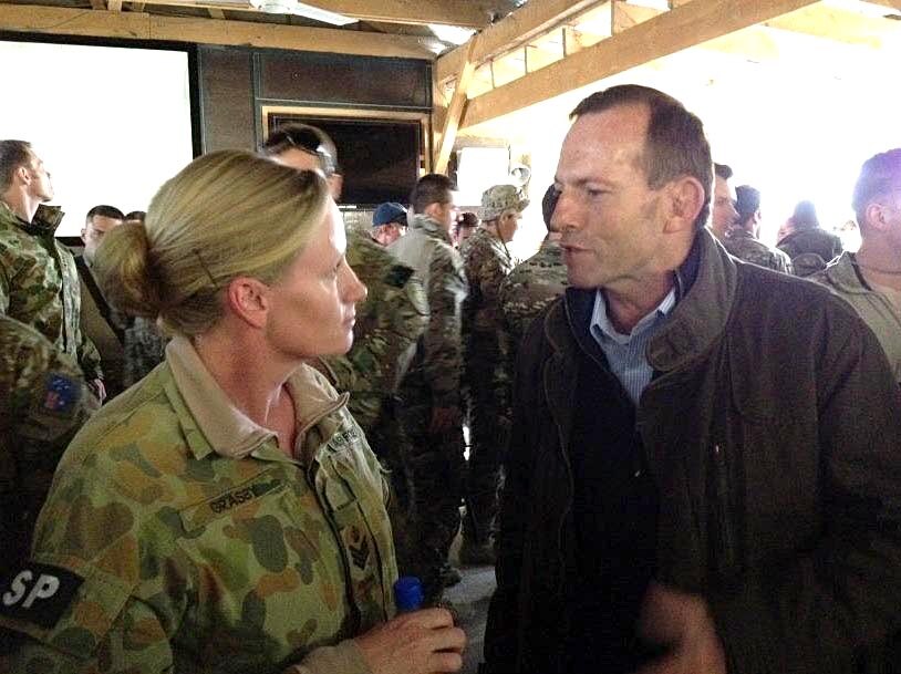 Tony Abbott with an Australian troop in Afghanistan.