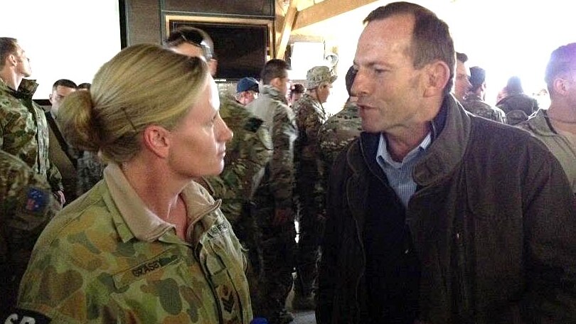 Tony Abbott with an Australian troop in Afghanistan.