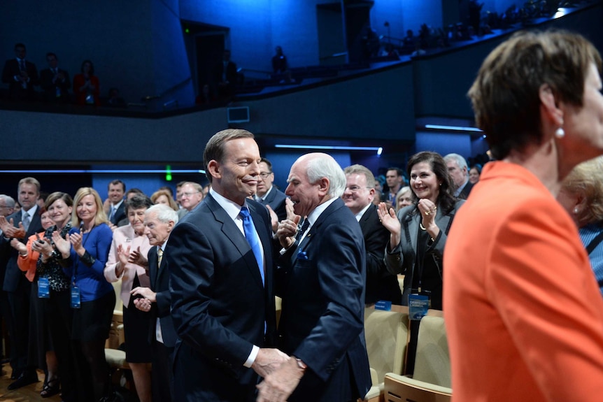 Tony Abbott greets John Howard at Coalition campaign launch