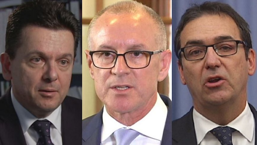 SA Best leader Nick Xenophon, Premier Jay Weatherill and Opposition Leader Steven Marshall.