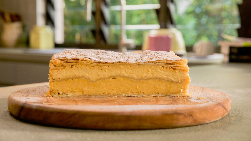 A two-tier vanilla slice featuring custard with brown butter and rum, a dessert on Annabel Crabb's Kitchen Cabinet.