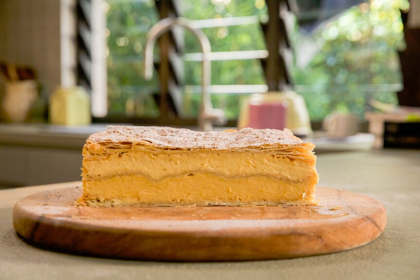 A two-tier vanilla slice featuring custard with brown butter and rum, a dessert on Annabel Crabb's Kitchen Cabinet.