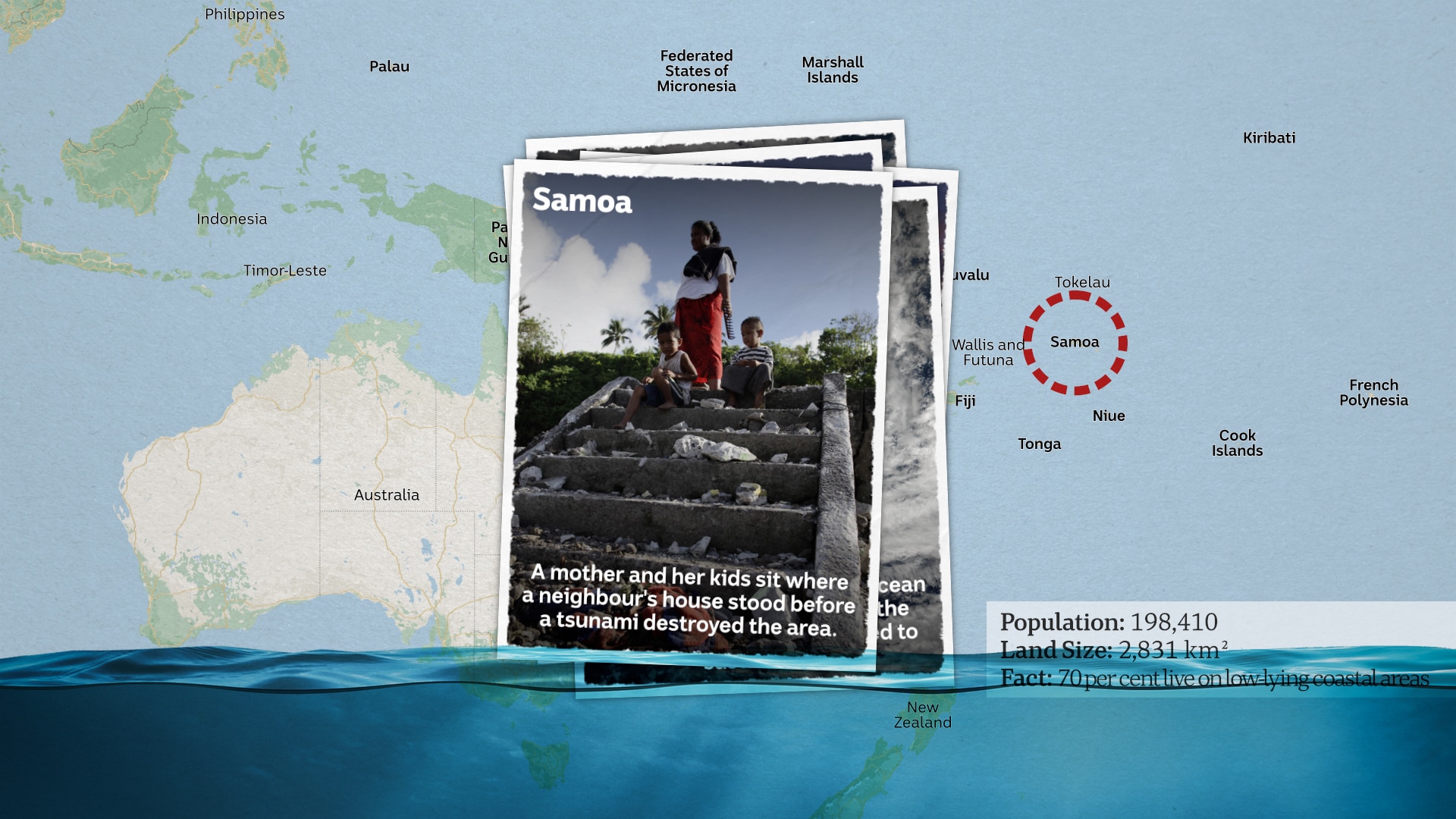 A postcard from Samoa showing a mother and her kids sitting in the rubble where a house once stood.