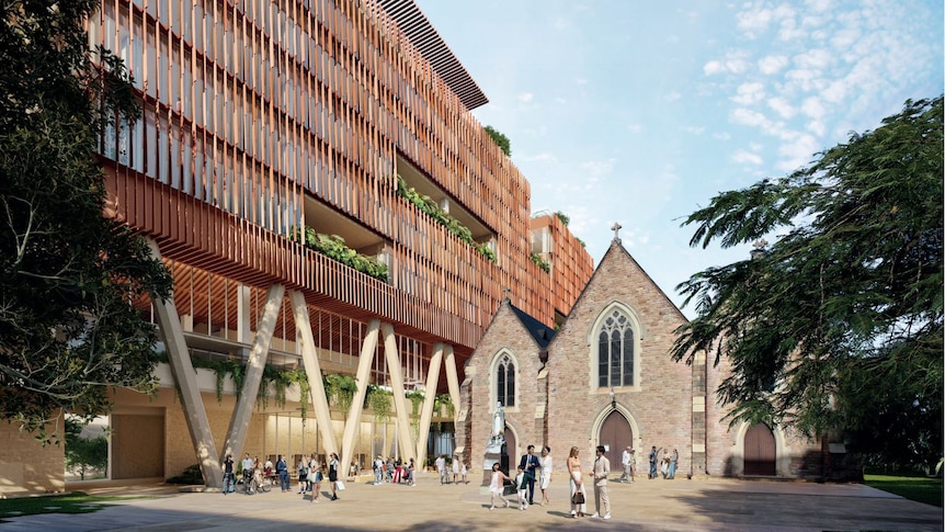 A concept image showing a large timber-facade building next to a heritage church