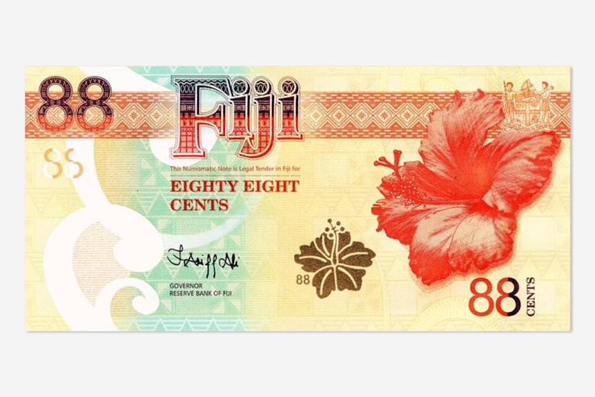 The back of the 88-cent banknote showing a hibiscus flower and Fiji coat of arms.    