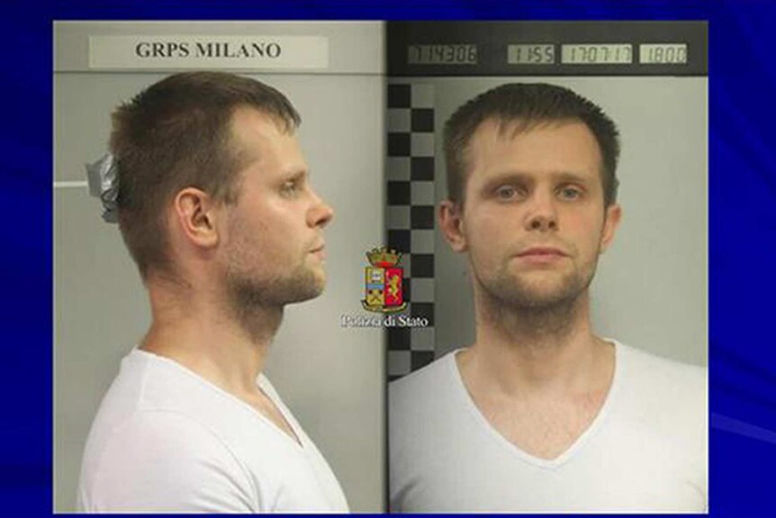 A police mugshot of Polish man Lukasz Pawel Herba. On his side on the left-hand-side, front-on on the right-hand-side.
