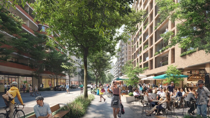 Photo illustration of people walking in proposed tree-lined commercial and community space in Waterloo South development