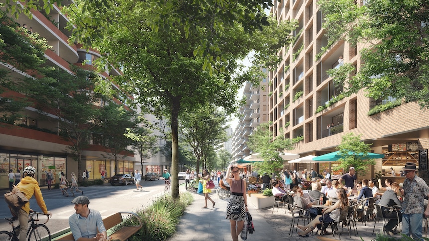 Photo illustration of people walking in proposed tree-lined commercial and community space in Waterloo South development