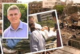 A composite image of a man smiling, a man lying on a stretcher and a scene from the Bali Bombings.
