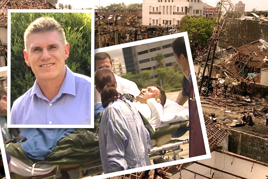 A composite image of a man smiling, a man lying on a stretcher and a scene from the Bali Bombings.