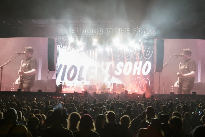 A wide shot of the Amphitheatre crowd at Violent Soho's Splendour In The Grass 2022 show, Sat 23 July